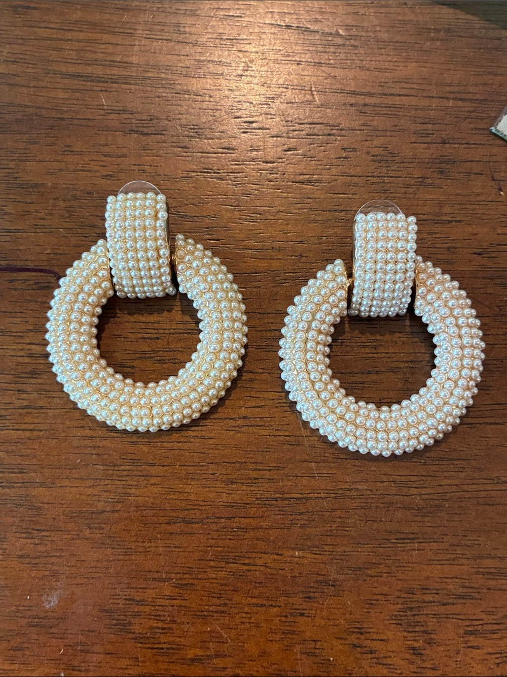 Faux Pearl and Gold Hinged Hoop Earrings
